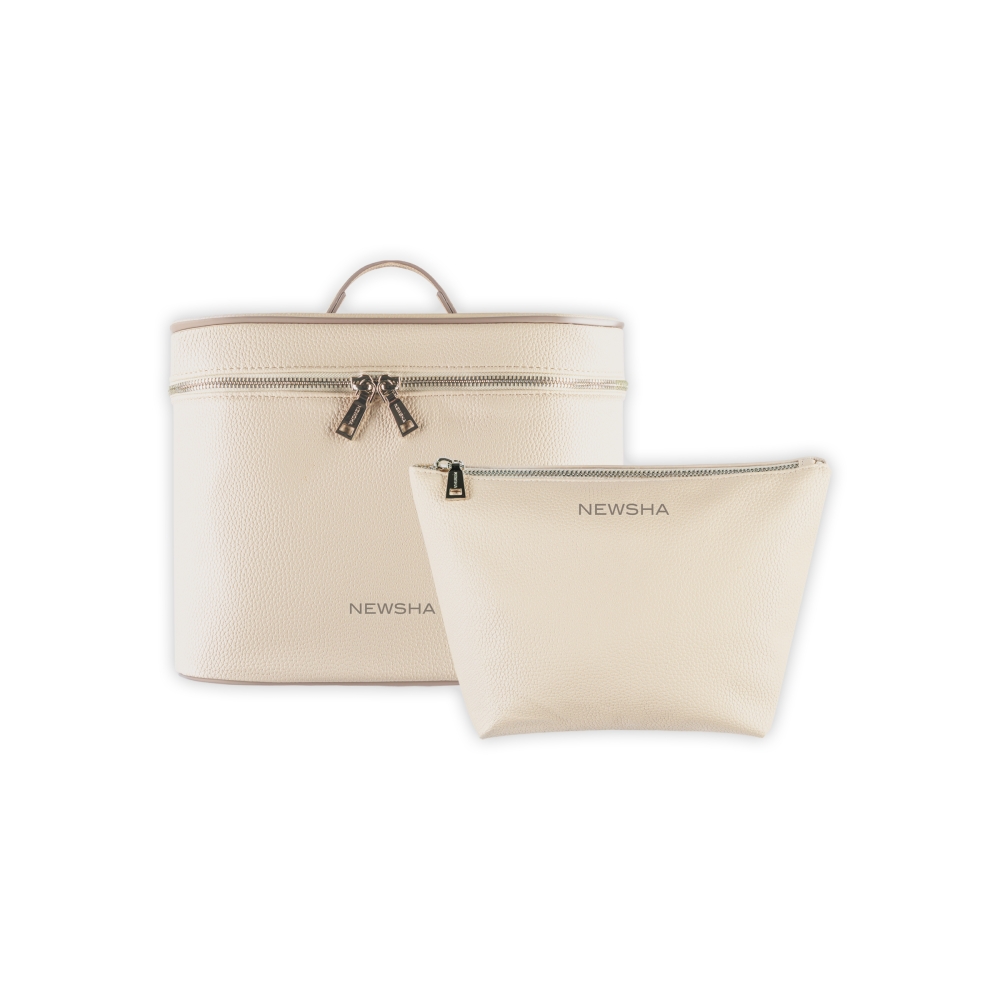 Kosmetiktasche Set in Beige. Stilvolles zweiteiliges Beauty Case aus Kunstleder mit Reißverschluss und Handgriff, ideal für Reisen und Aufbewahrung von Pflegeprodukten von NEWSHA.