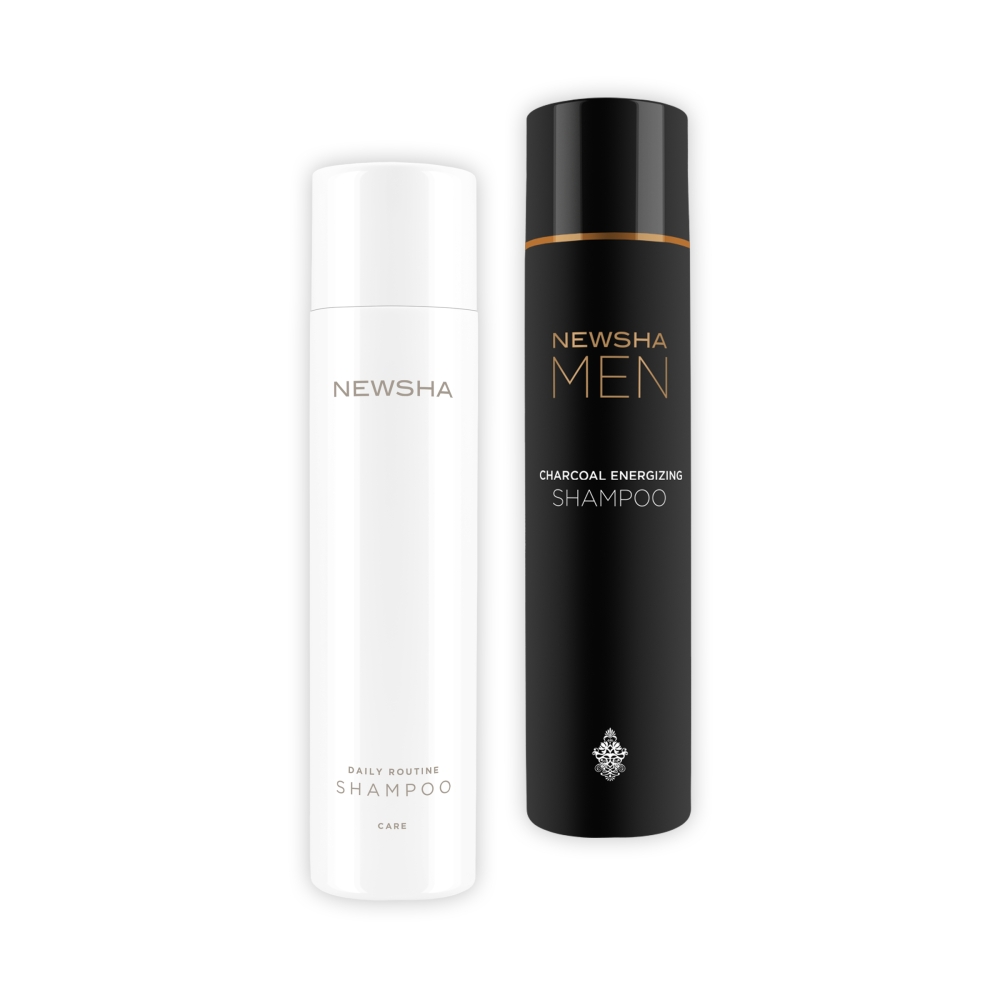 Zwei Shampoo-Flaschen von NEWSHA: Daily Routine Shampoo in Weiß für die tägliche Haarpflege und MEN Charcoal Energizing Shampoo in Schwarz mit Aktivkohle zur tiefenreinigenden Pflege von Männerhaar.