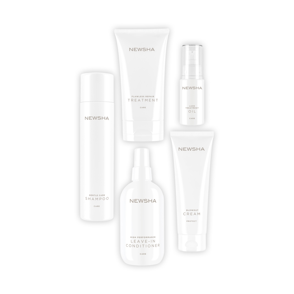 Haarpflege-Set für gesundes, glänzendes Haar. Fünf NEWSHA Produkte im Überblick: Shampoo, Treatment, Öl, Leave-in Conditioner und Blowout Cream.