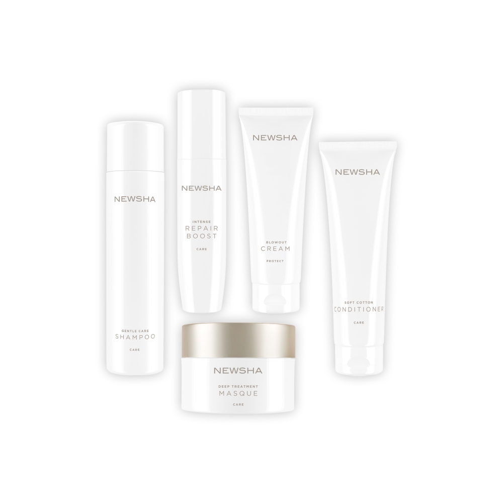 Pflegeset von NEWSHA mit Gentle Care Shampoo, Deep Treatment Masque, Blowout Cream, Soft Cotton Conditioner und Intense Repair Boost für die sanfte Reinigung, intensive Reparatur und geschmeidiges Styling feiner bis normaler Haare.