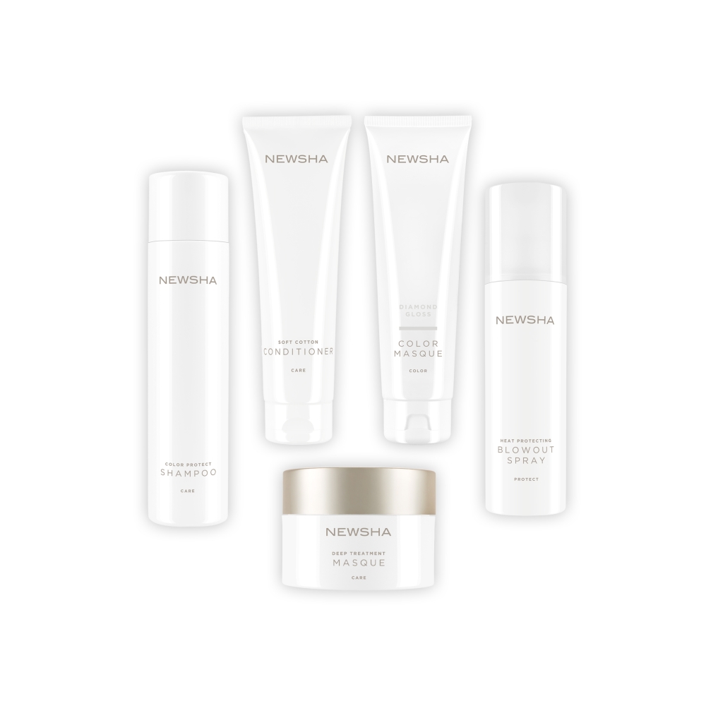 Newsha Haarpflege-Set für coloriertes Haar – bestehend aus Diamond Gloss Color Masque, Soft Cotton Conditioner, Deep Treatment Masque, Color Protect Shampoo und hochwertigem Mikrofaser-Haartuch für gepflegten Glanz und Farbschutz.