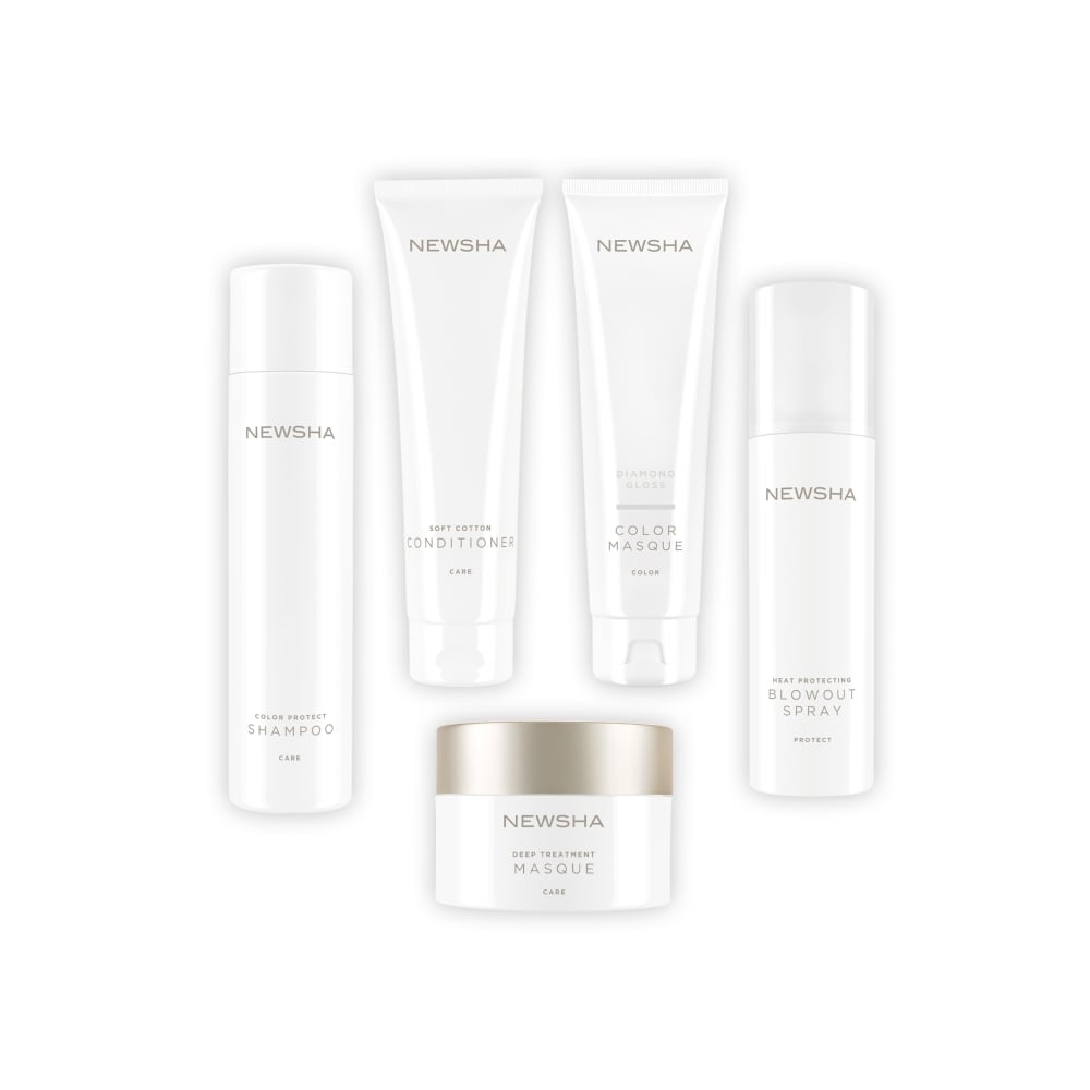 Newsha Haarpflege-Set für coloriertes Haar – bestehend aus Diamond Gloss Color Masque, Soft Cotton Conditioner, Deep Treatment Masque, Color Protect Shampoo und hochwertigem Mikrofaser-Haartuch für gepflegten Glanz und Farbschutz.
