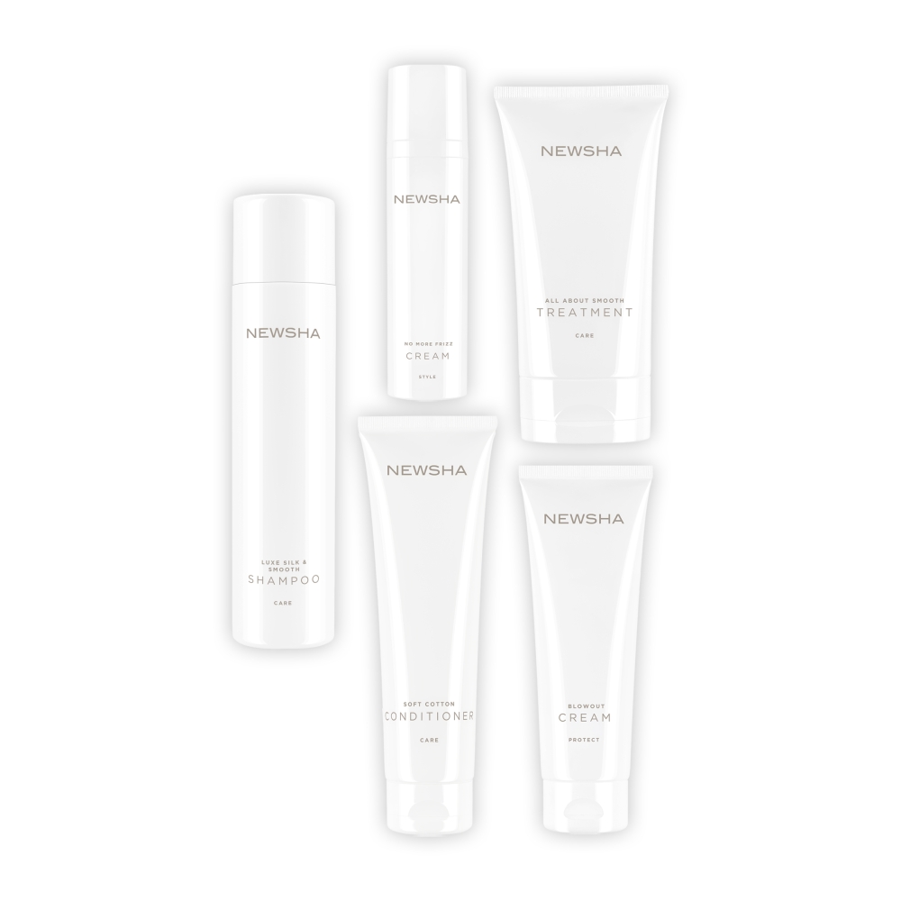 Pflegeset für geschmeidiges, glattes Haar mit Anti-Frizz-Wirkung. Luxe Silk & Smooth Shampoo, No More Frizz Cream, All About Smooth Treatment und weitere Haarpflegeprodukte von NEWSHA für glanzvolles Styling und seidige Haarstruktur.