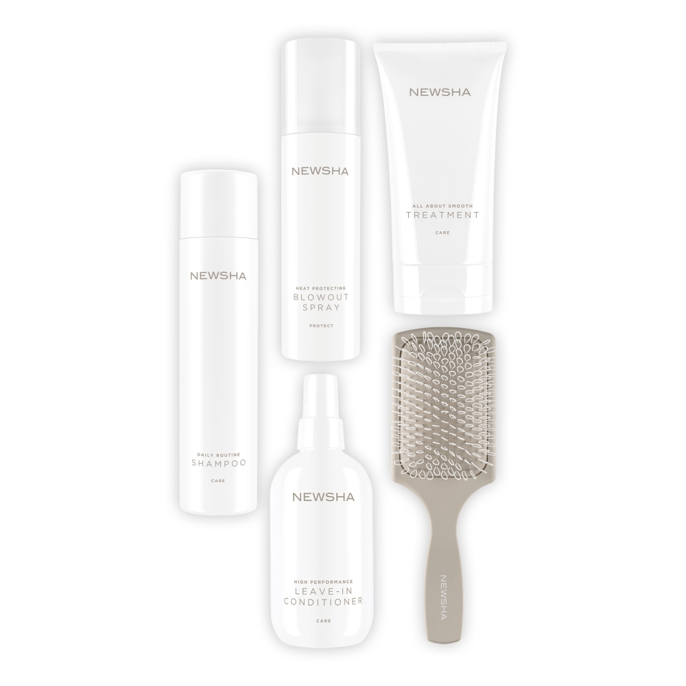 NEWSHA Daily Haircare Set bestehend aus Shampoo, Treatment, Leave-in Conditioner, Hitzeschutz-Spray und Paddle Brush – perfekte Haarpflege-Routine für geschmeidiges, gesundes Haar im Alltag.