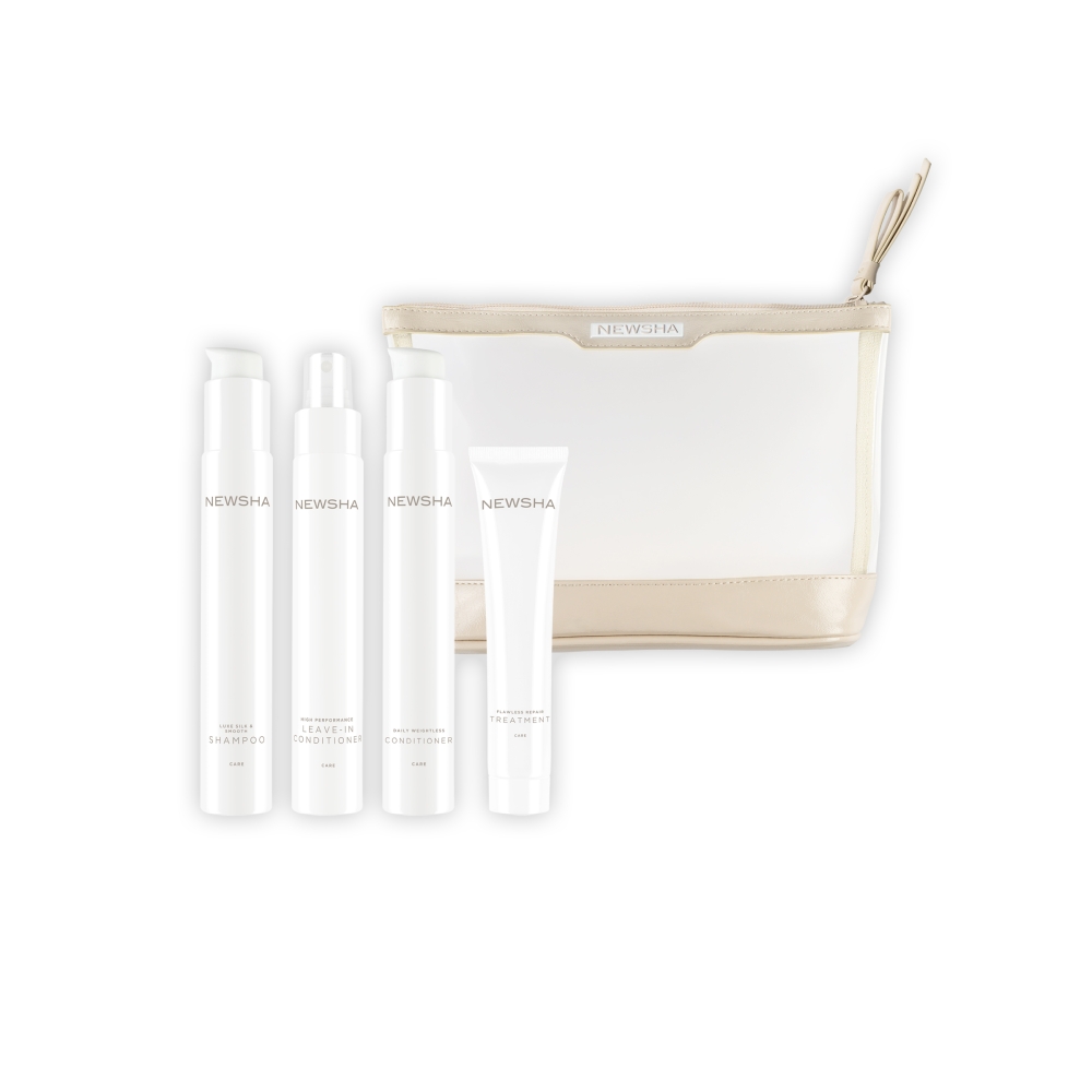 Haarpflege-Set mit Shampoo, Conditioner und Treatment von NEWSHA. Hochwertige Pflegeprodukte für gesundes, glänzendes Haar inklusive Mikrofaser-Handtuch für die tägliche Haarpflege.