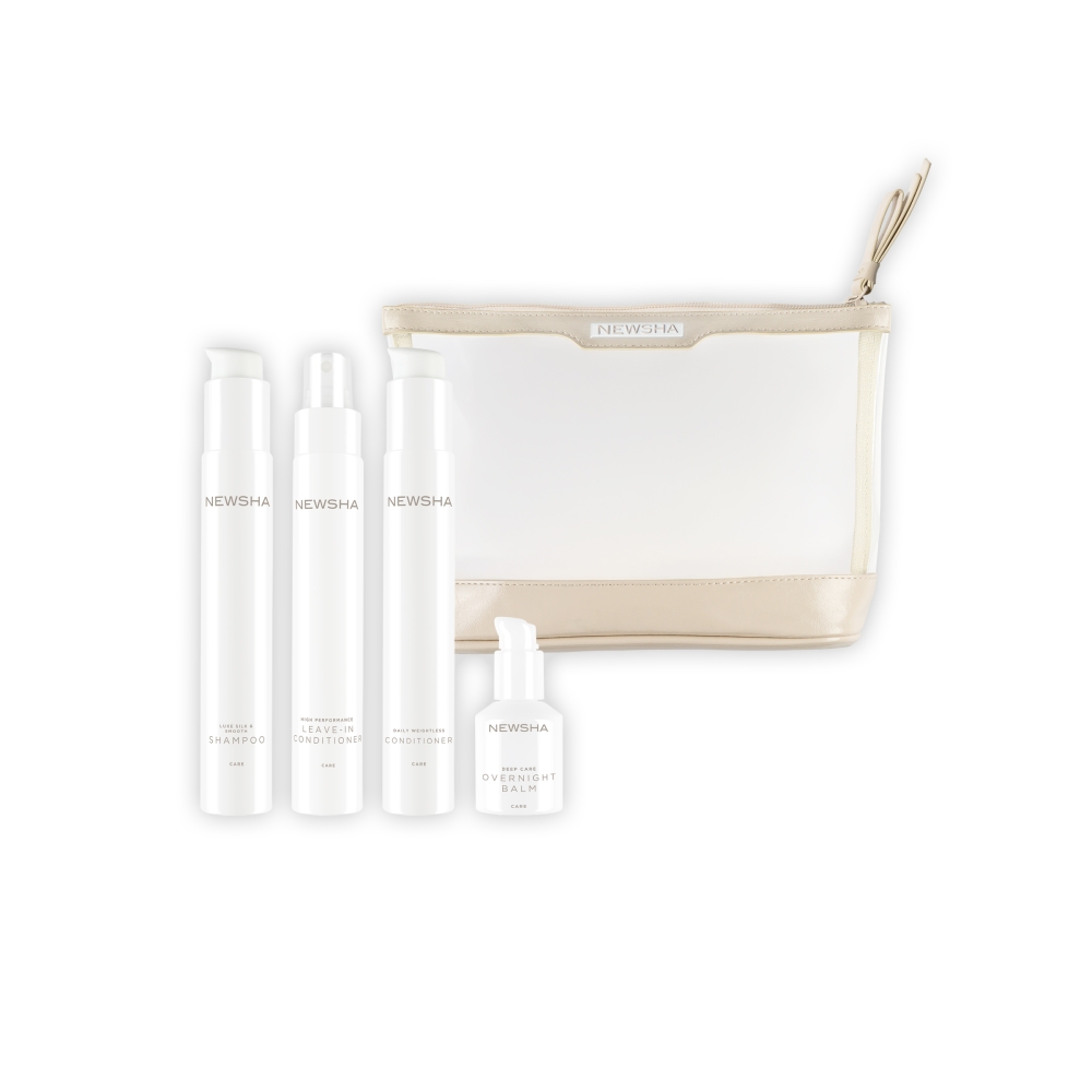 Haarpflege-Set mit Shampoo, Conditioner und Treatment von NEWSHA. Hochwertige Pflegeprodukte für gesundes, glänzendes Haar inklusive Mikrofaser-Handtuch für die tägliche Haarpflege.
