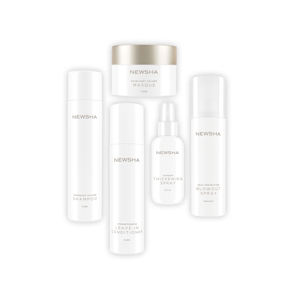 Volumenpflege-Set von NEWSHA – fünf hochwertige Produkte für feines Haar, darunter Gorgeous Volume Shampoo, Excellent Volume Masque, Strengthening Leave-In Conditioner, Supreme Thickening Spray und Heat Protecting Blowout Spray, für sichtbar mehr Fülle, Pflege und Schutz beim Styling.