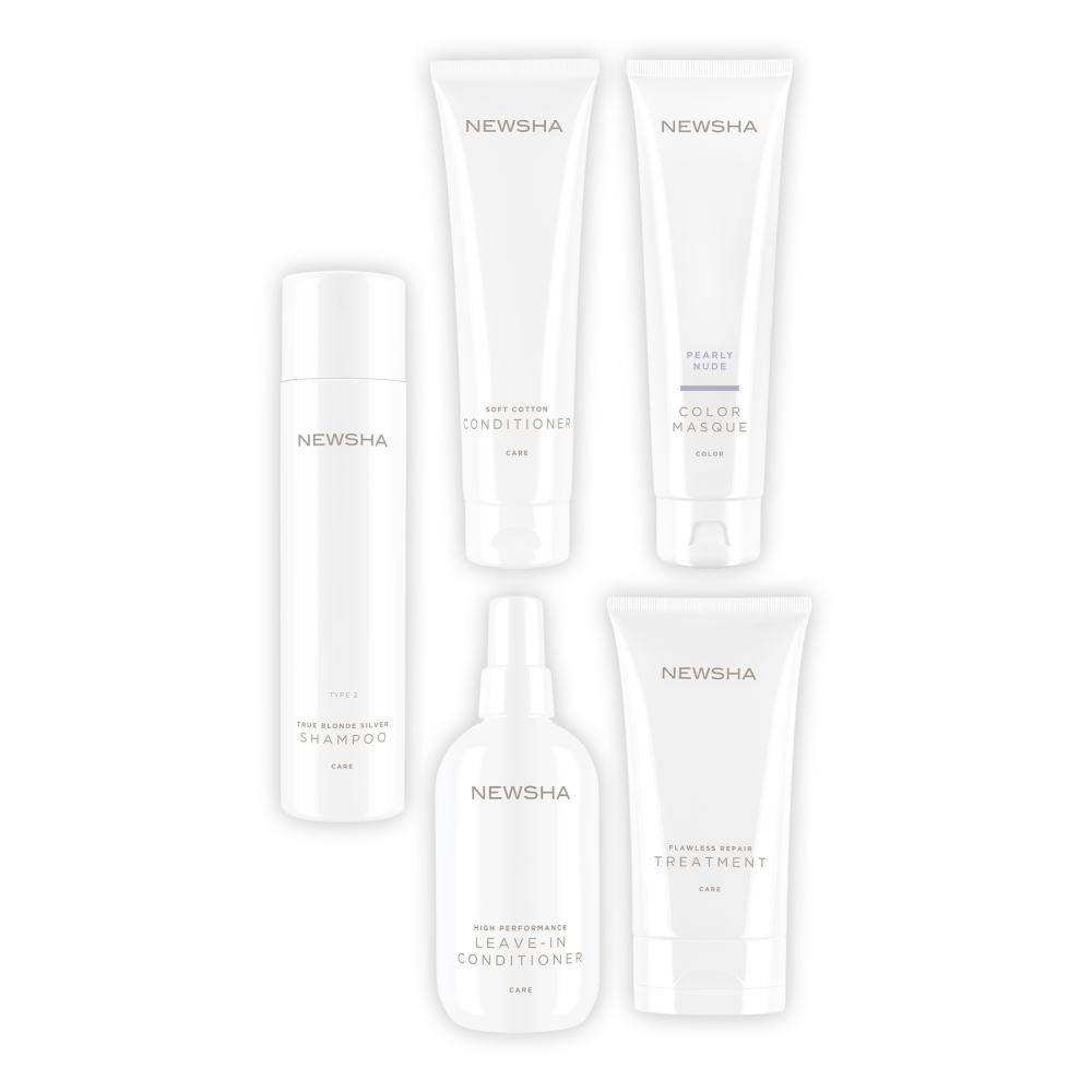 Pflegeset für blondes und strapaziertes Haar mit Silber-Shampoo, Farbmaske, Conditioner, Leave-in-Pflege und Repair-Treatment. Haarpflege-Produkte von NEWSHA