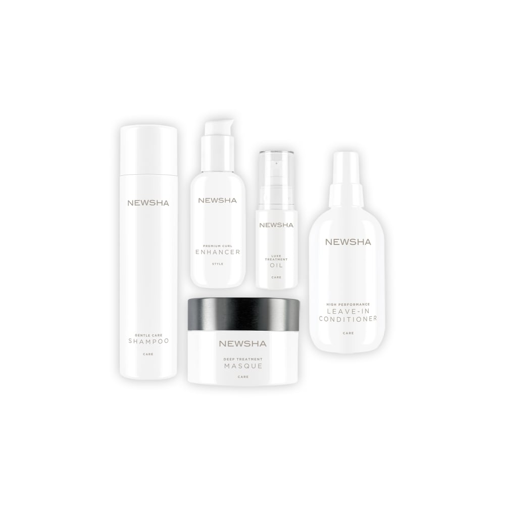 Pflegeset für geschädigtes und lockiges Haar. NEWSHA Haarpflege-Kollektion mit Shampoo, Leave-in-Conditioner, Treatment, Haarmaske, Stylingöl, Curl Enhancer und Paddle Brush für gesundes, gepflegtes Haar.