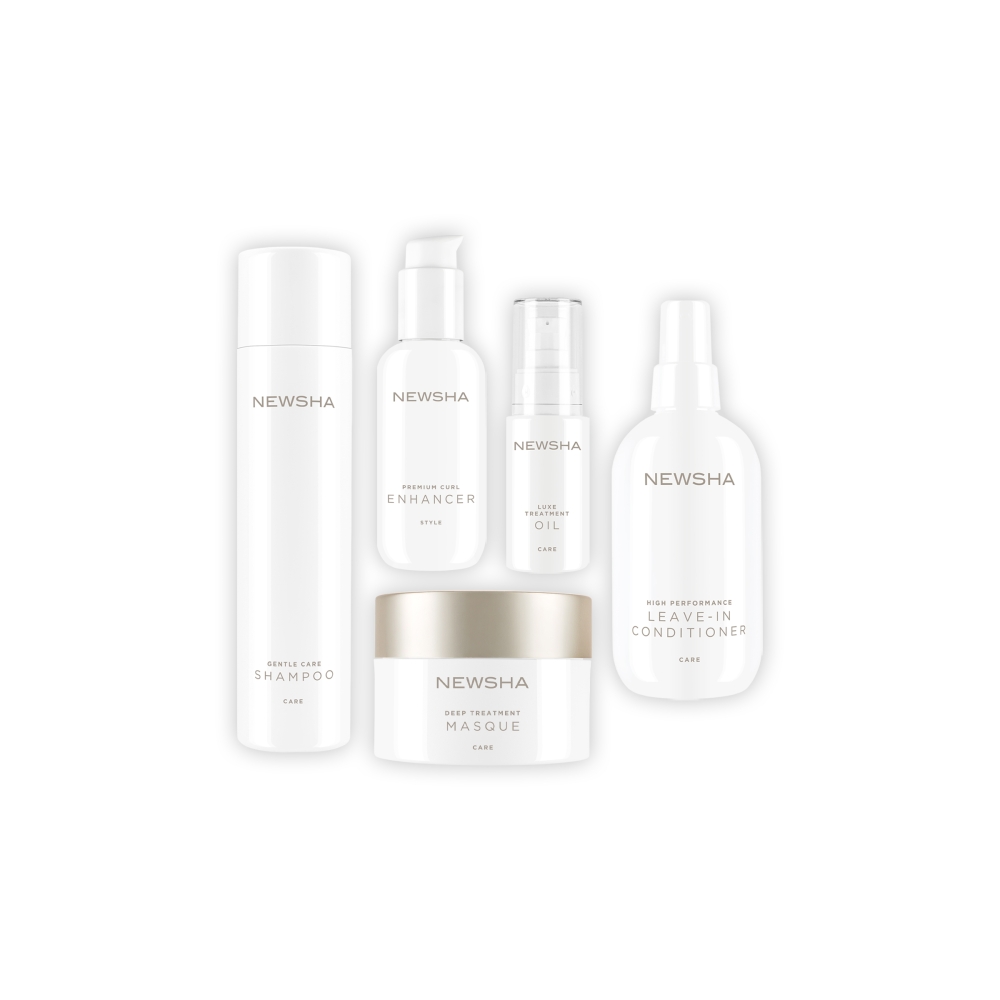 Pflegeset für geschädigtes und lockiges Haar. NEWSHA Haarpflege-Kollektion mit Shampoo, Leave-in-Conditioner, Treatment, Haarmaske, Stylingöl, Curl Enhancer und Paddle Brush für gesundes, gepflegtes Haar.