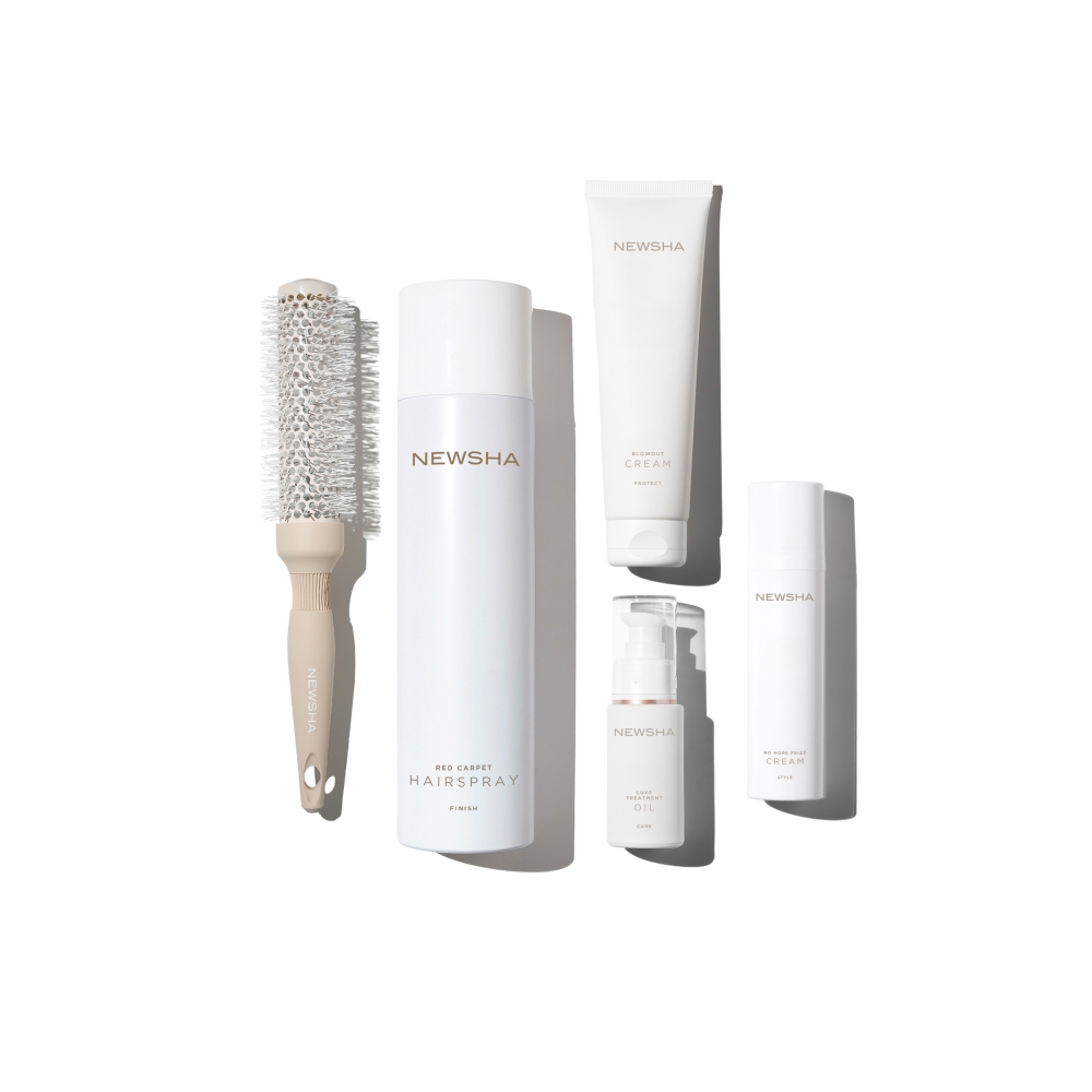 Styling-Set für geschmeidiges, glänzendes Haar, mit Rundbürste, Haarspray, Blowout Cream, Frizz Cream und Haaröl von NEWSHA für ein perfektes Styling-Finish.