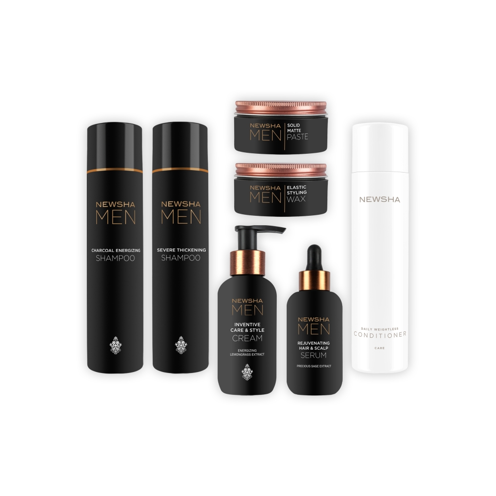 Pflegeserie für Männer von NEWSHA mit Shampoo, Conditioner, Stylingwachs, Mattpaste, Serum und Creme. Hochwertige Männer-Haarpflege für Volumen, Reinigung und Styling.