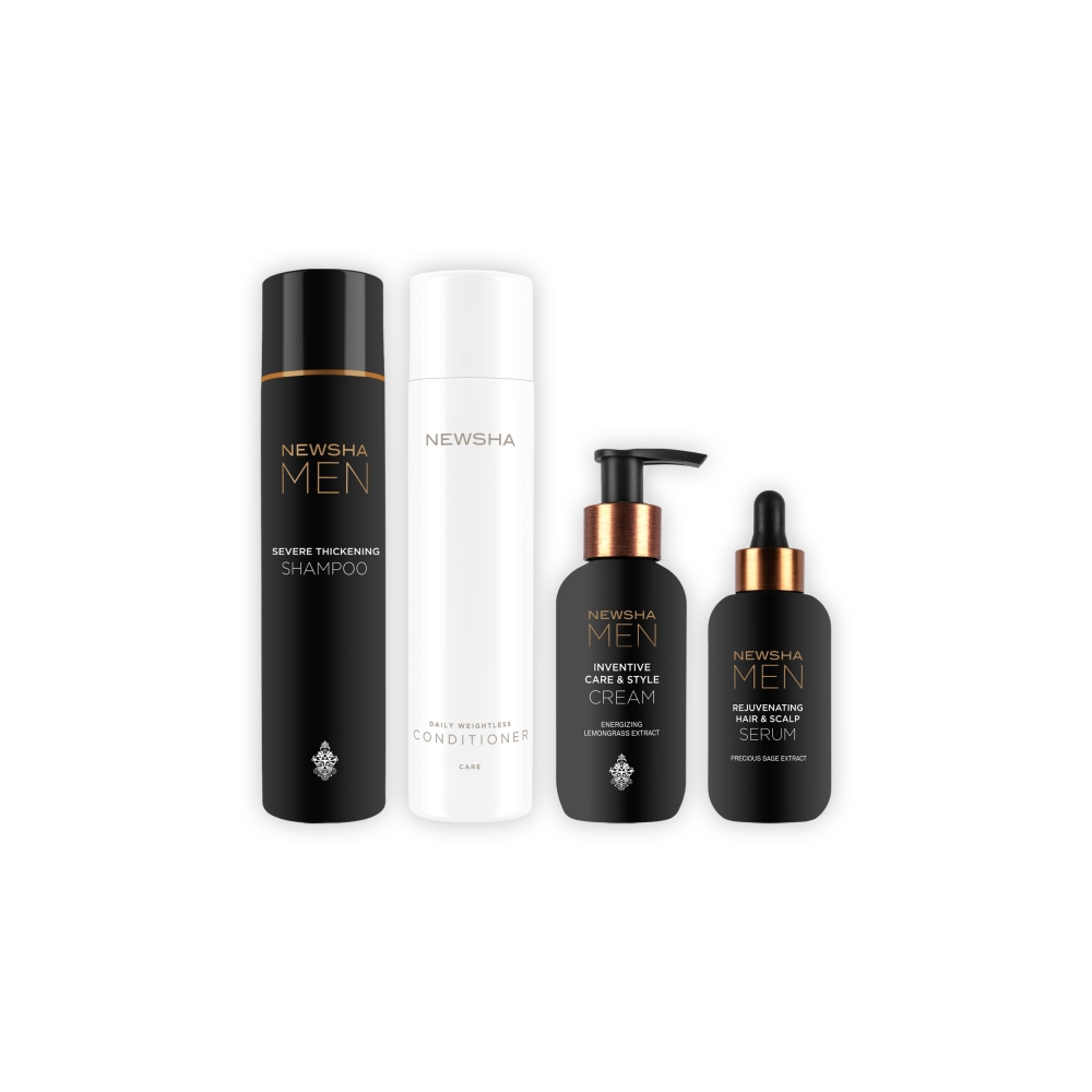 Pflegeset für Männerhaar mit Shampoo, Conditioner, Serum und Styling-Creme. Hochwertige Haarpflegeprodukte von NEWSHA MEN für kräftigeres, gepflegtes Männerhaar.