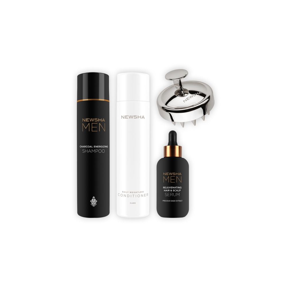 Pflegeset für Männer mit dünner werdendem Haar: NEWSHA MEN Severe Thickening Shampoo, Daily Weightless Conditioner und Rejuvenating Hair & Scalp Serum. Stimuliert die Kopfhaut, stärkt das Haar und sorgt für sichtbar mehr Fülle.