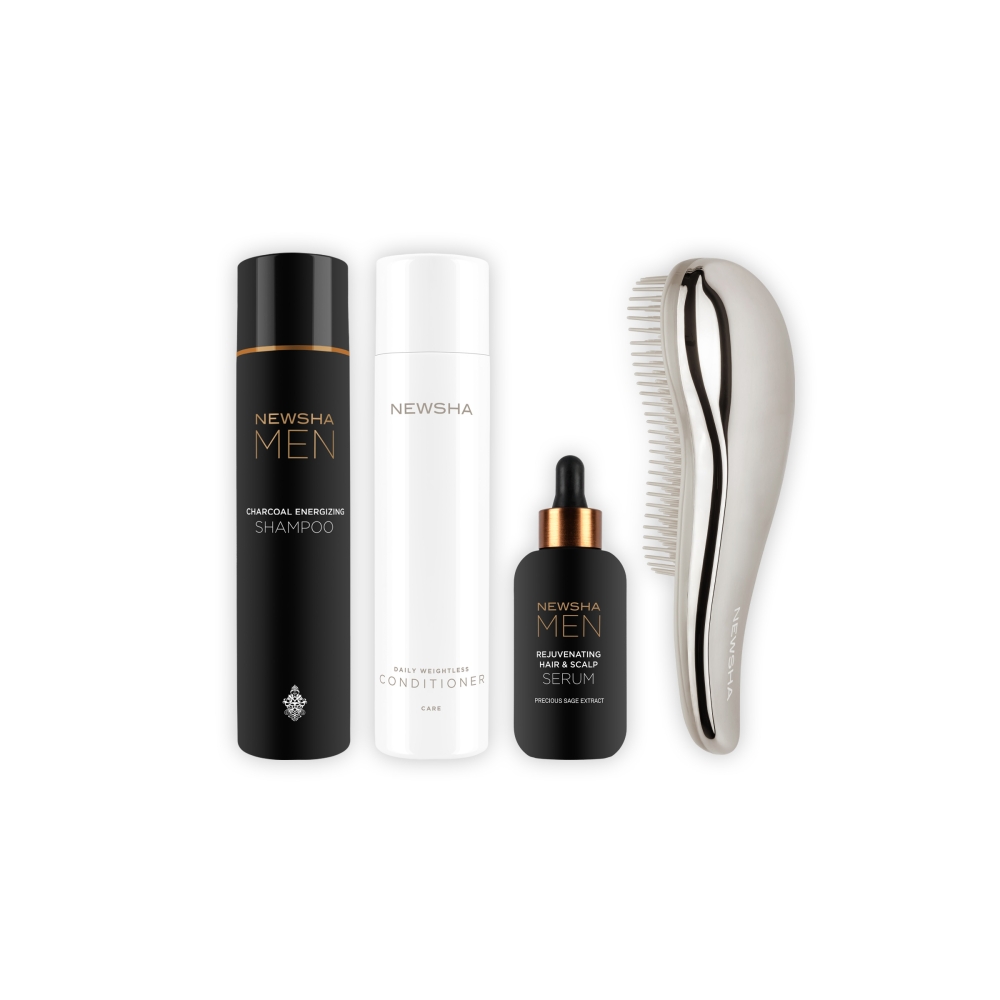 Pflegeset für Männer mit dünner werdendem Haar: NEWSHA MEN Severe Thickening Shampoo, Daily Weightless Conditioner und Rejuvenating Hair & Scalp Serum. Stimuliert die Kopfhaut, stärkt das Haar und sorgt für sichtbar mehr Fülle.