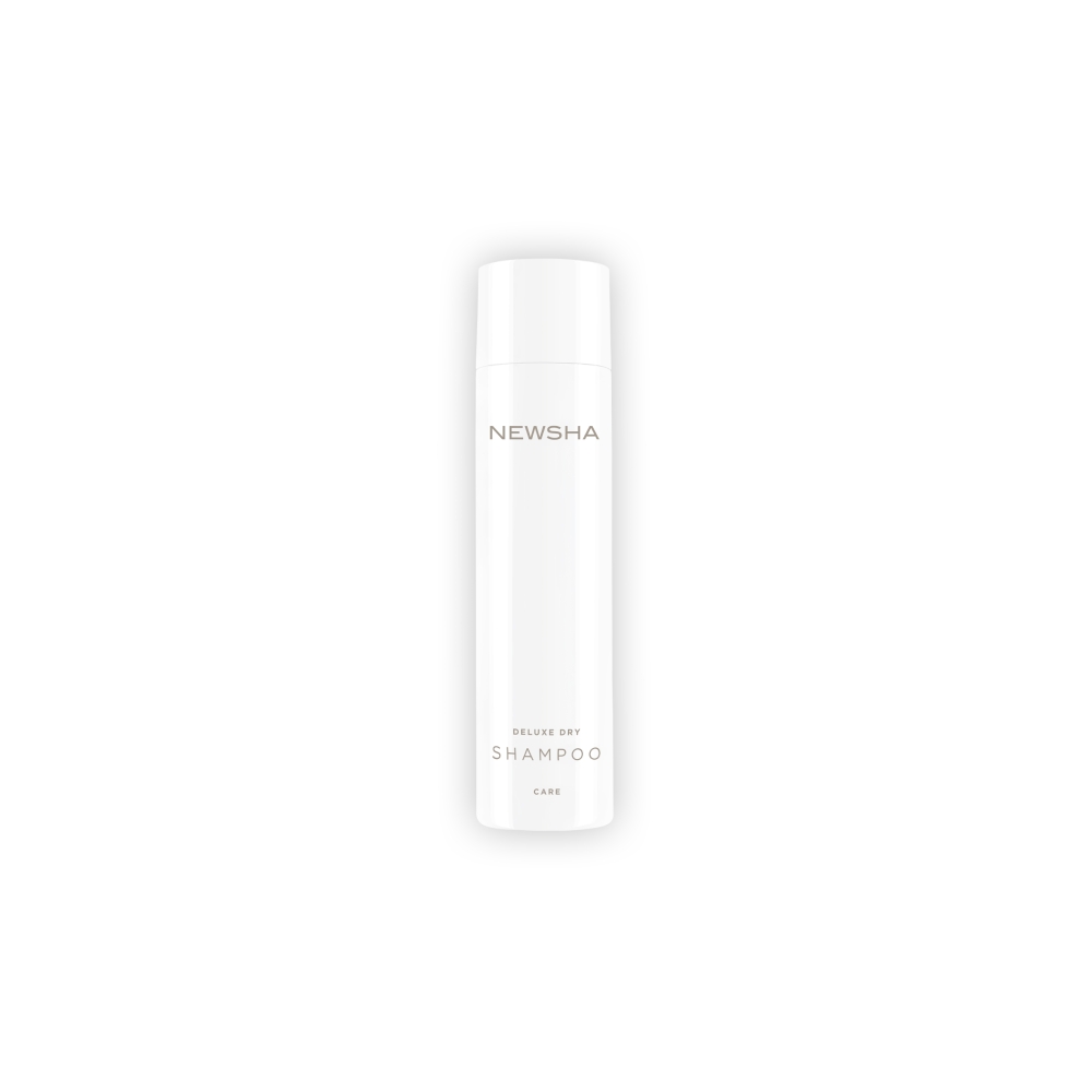 NEWSHA Deluxe Dry Shampoo in eleganter weißer Sprühdose. Hochwertiges Trockenshampoo für schnelle Frische und Volumen ohne Waschen, ideal für zwischendurch und unterwegs.
