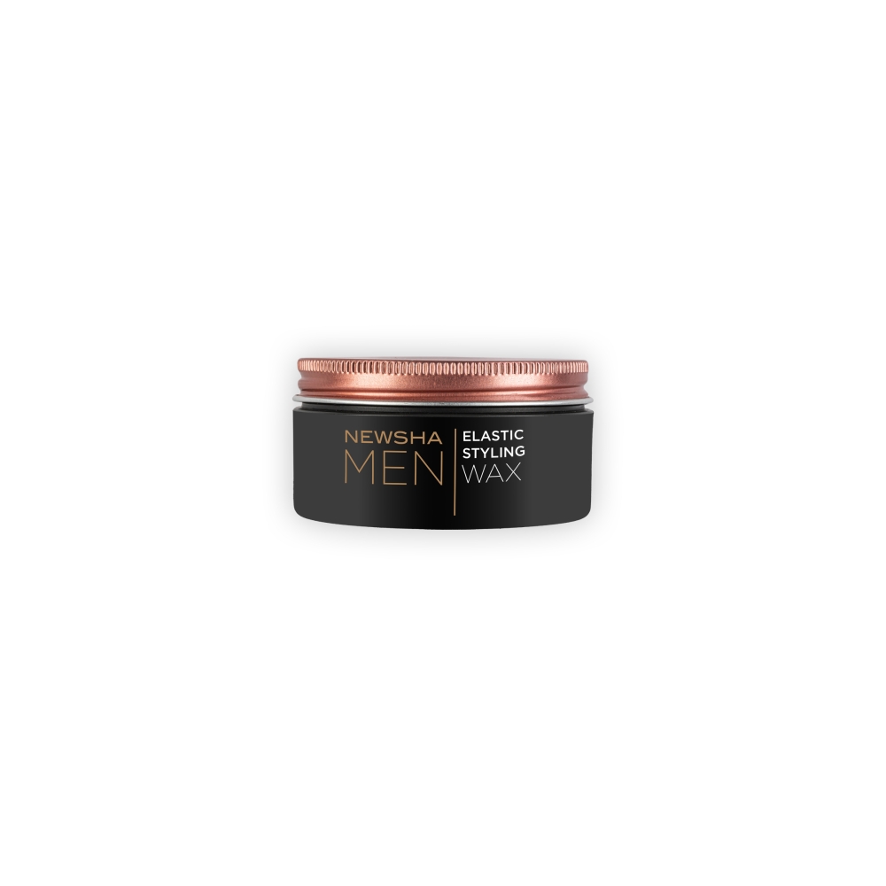 Newsha MEN Elastic Styling Wax in eleganter schwarzer Dose mit bronzefarbenem Schraubdeckel – elastisches Haarwachs für flexiblen Halt und präzises Männer-Styling.