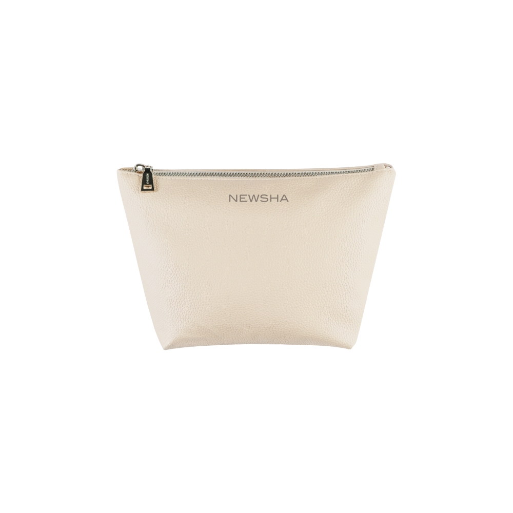 Beige Kosmetiktasche aus Kunstleder mit Reißverschluss. NEWSHA Beauty Bag für stilvolle Aufbewahrung von Pflegeprodukten und Reise-Essentials.
