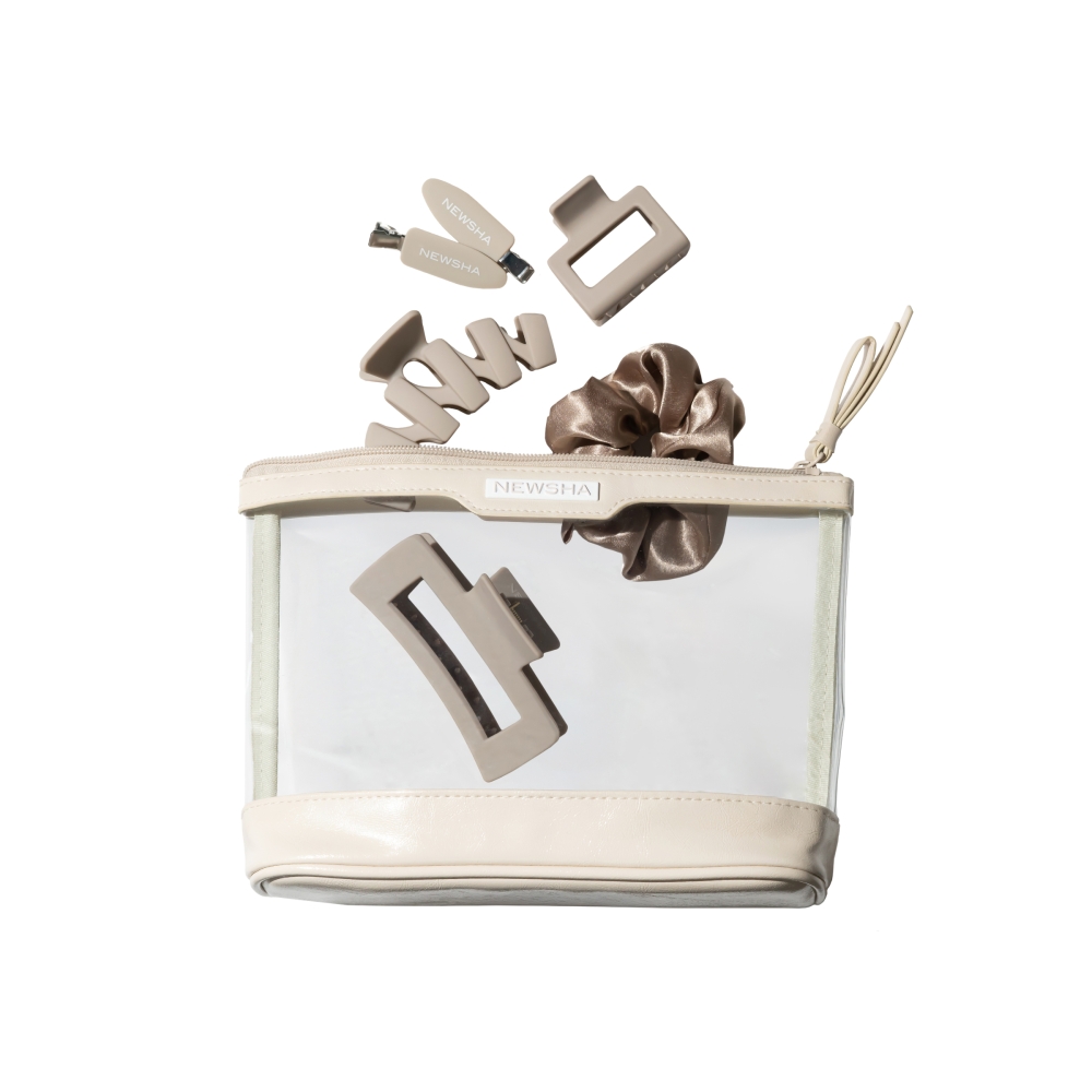 Haaraccessoires-Set für das perfekte Styling. NEWSHA Hair Clips, Scrunchie und Haarklammern in elegantem Beige für schonendes, sicheres und stylisches Frisieren.