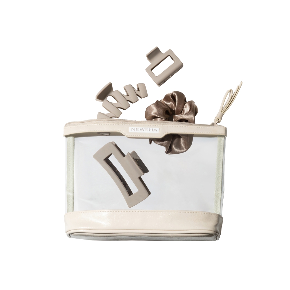 Haaraccessoires-Set für das perfekte Styling. NEWSHA Hair Clips, Scrunchie und Haarklammern in elegantem Beige für schonendes, sicheres und stylisches Frisieren.