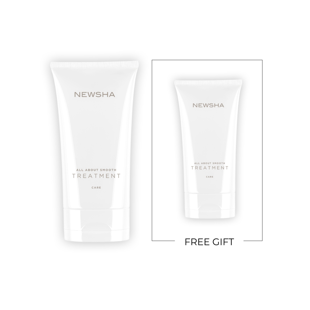 Weiße Tube des NEWSHA All About Smooth Treatment. Glättende Haarkur für geschmeidiges, glänzendes Haar, ideal zur Pflege und Beruhigung widerspenstiger Haarstrukturen.