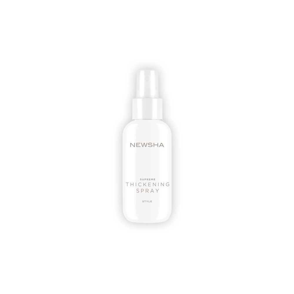 Volumenspray für feines Haar. Supreme Thickening Spray von NEWSHA für sichtbar mehr Fülle, Griffigkeit und Styling-Volumen bei dünnem oder kraftlosem Haar.