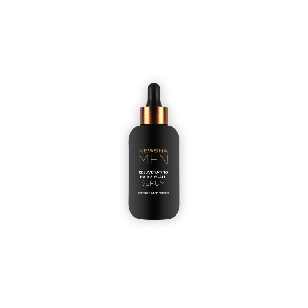 NEWSHA MEN Rejuvenating Hair & Scalp Serum in schwarzer Glasflasche mit Pipette. Revitalisierendes Kopfhaut- und Haarserum für Männer zur Förderung von Haargesundheit und Haarwachstum.
