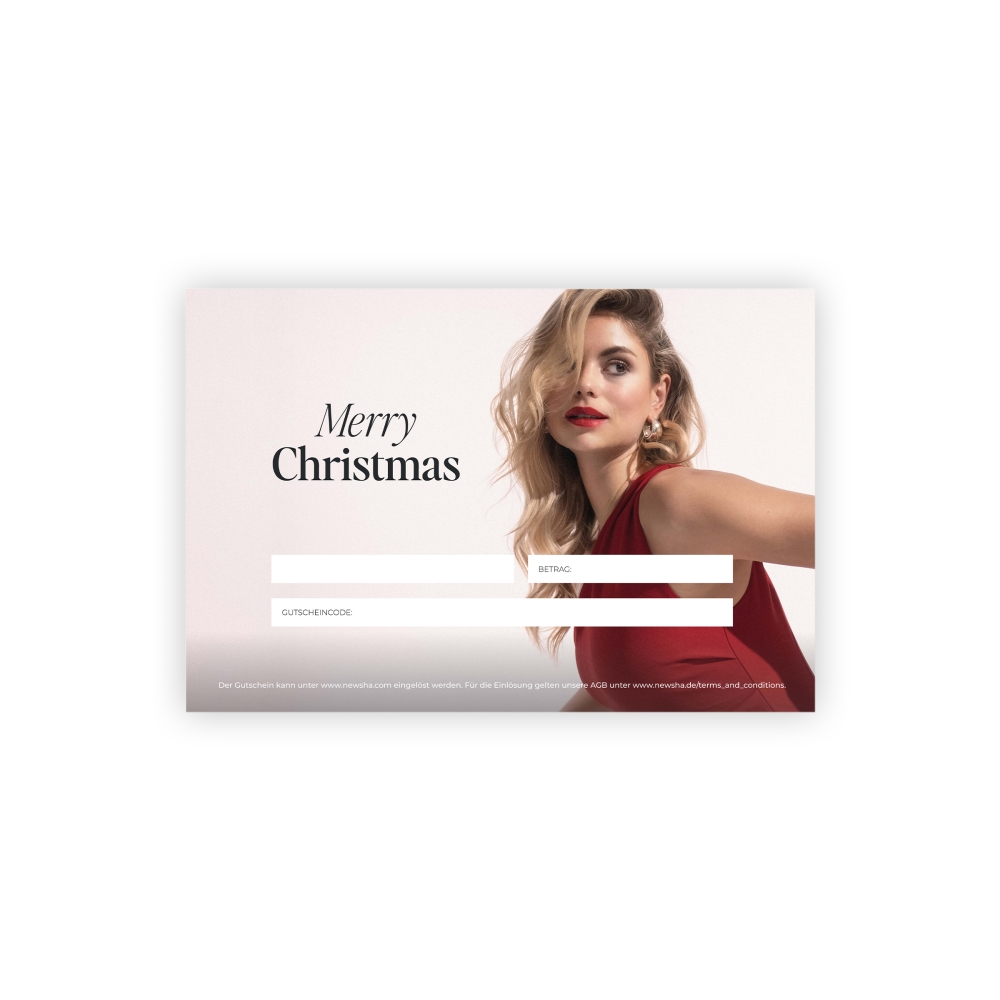 NEWSHA Weihnachtsgutschein im eleganten Design – Frau mit glamourösem Look und Sonnenbrille sendet Luftkuss, daneben Felder zur Eingabe von Betrag und Gutscheincode. Ideal als Geschenkidee für Weihnachten.