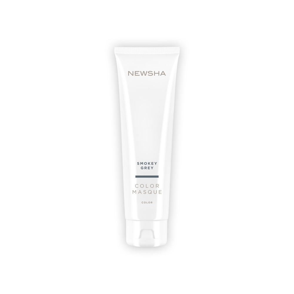 NEWSHA Color Masque Smokey Grey. Pflegende Farbmaske in elegantem Weiß, verleiht dem Haar kühlen Grauschimmer und intensiven Glanz, ideal zur Farbauffrischung und Haarpflege.